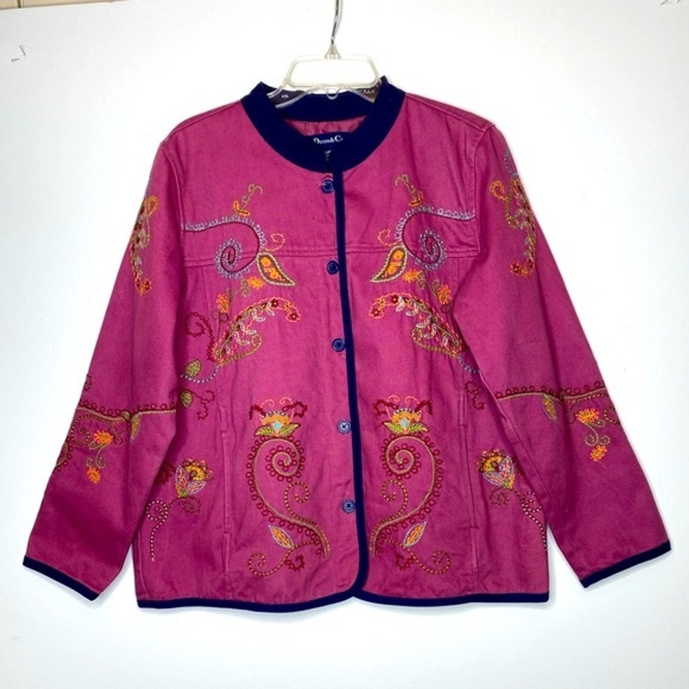 Denim & Co Magenta Pink Embroidered Cotton Twill Jacket Navy Trim Womens Large